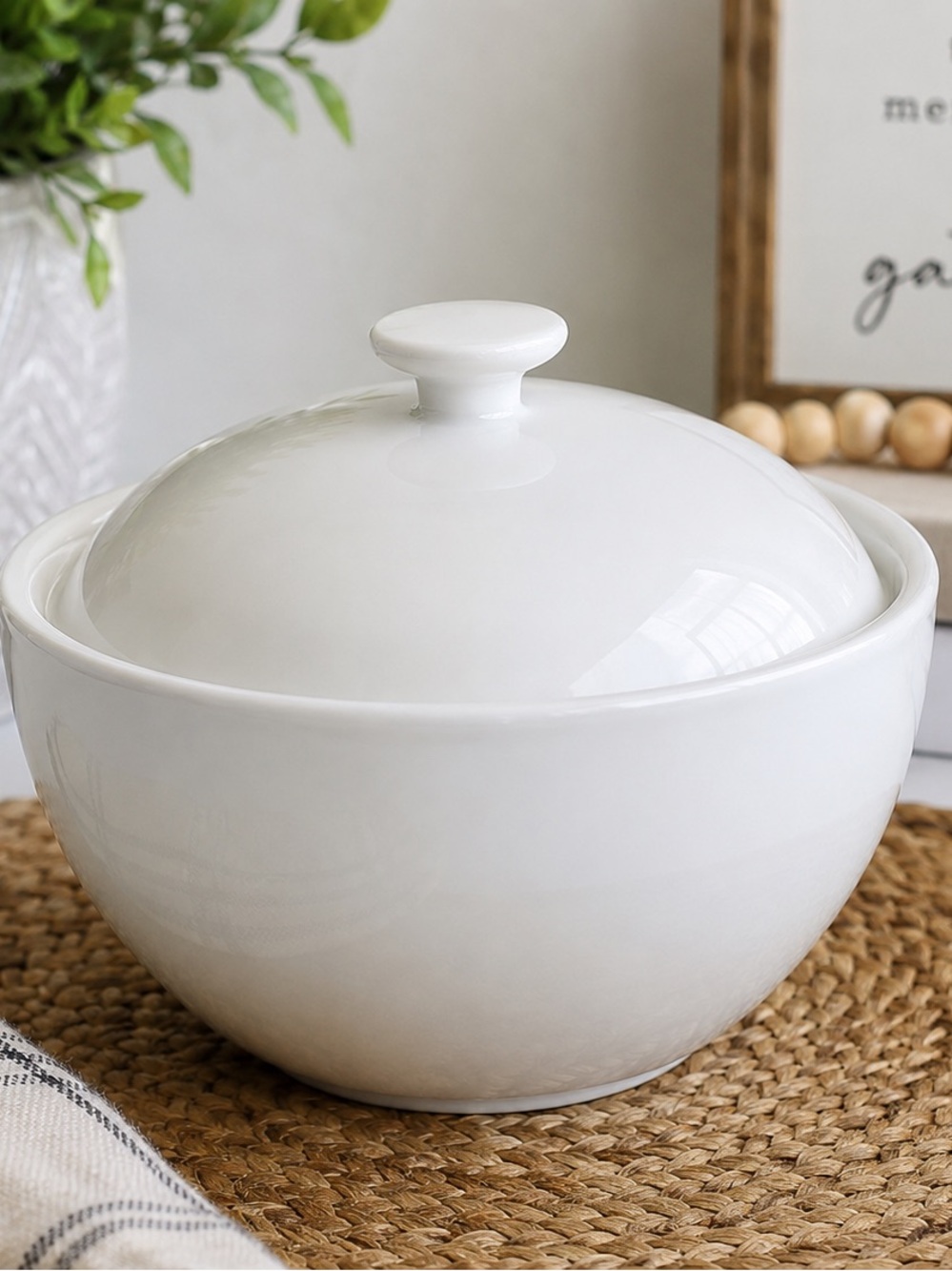 Our Table Simply White Covered Serving Bowl with Lid White Stoneware 4.5”